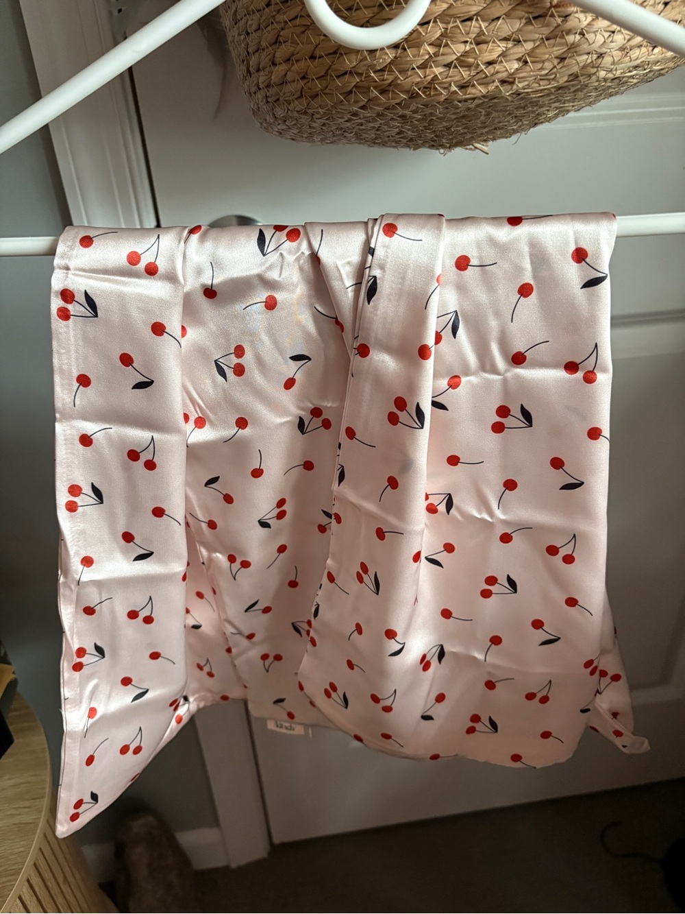 Kitsch Pink Satin Cherry Print Pillowcase Cover (2)